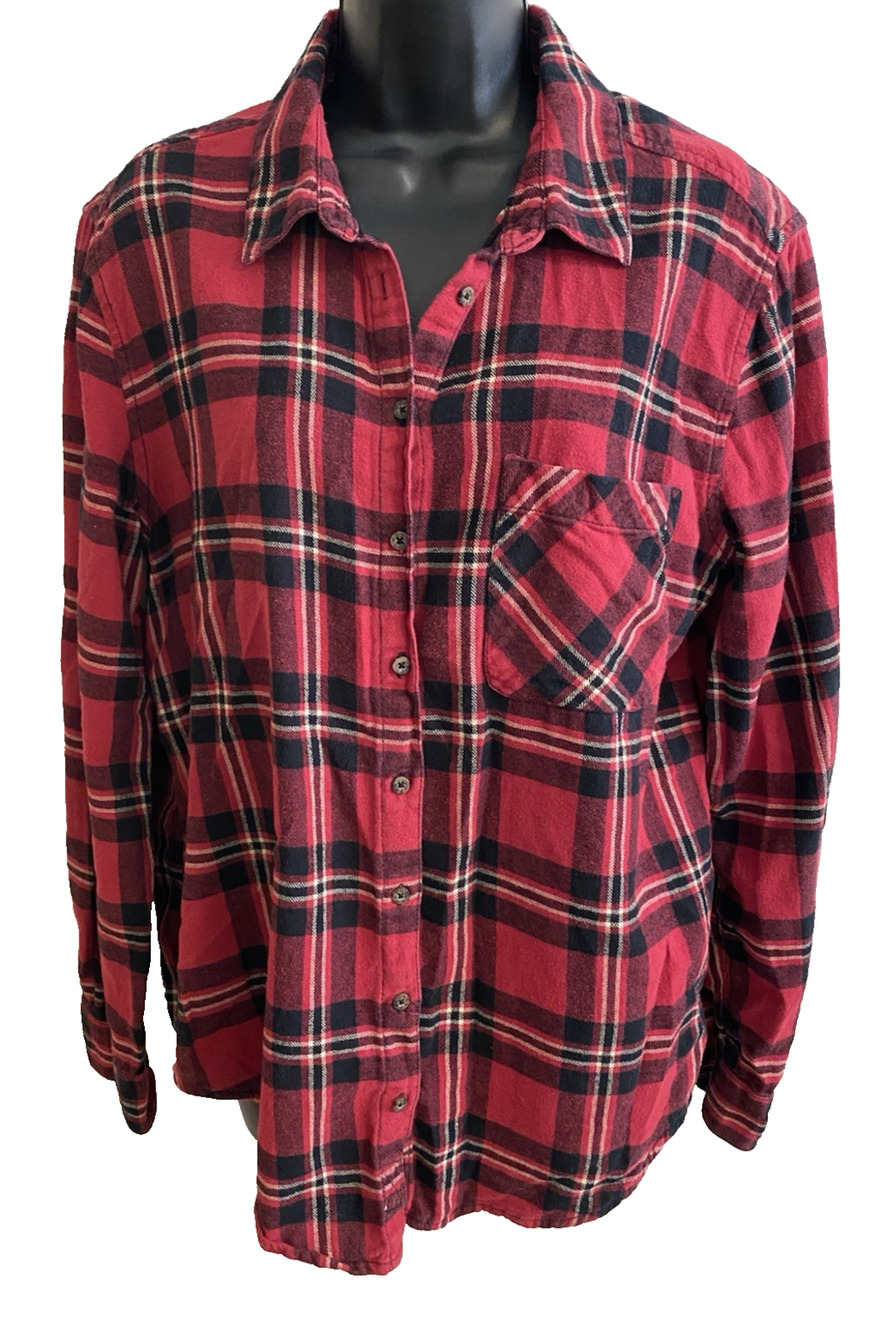 Garage Womens Red Plaid Flannel Shirt Size Large Boyfriend Fit 100% Cotton